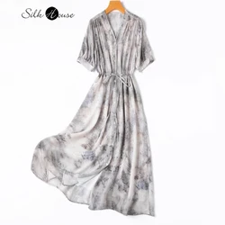 Elegant Temperament Gray Ink Print Natural Mulberry Silk Crepe De Chine V-neck Waistband Shirt Style Women's Casual Dress