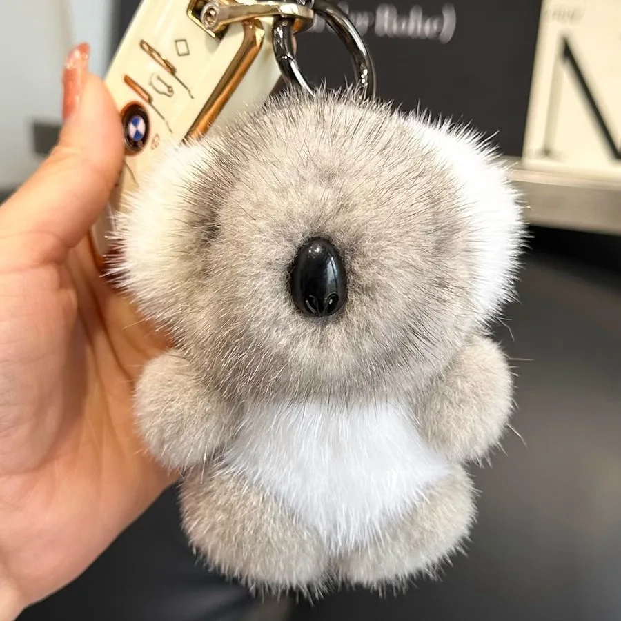 Koala Animal Shape Genuine  Mink Fur Keychain Backpack Bag Charm Brown Black Grey Color Cozy Unisex Handbag Decoration