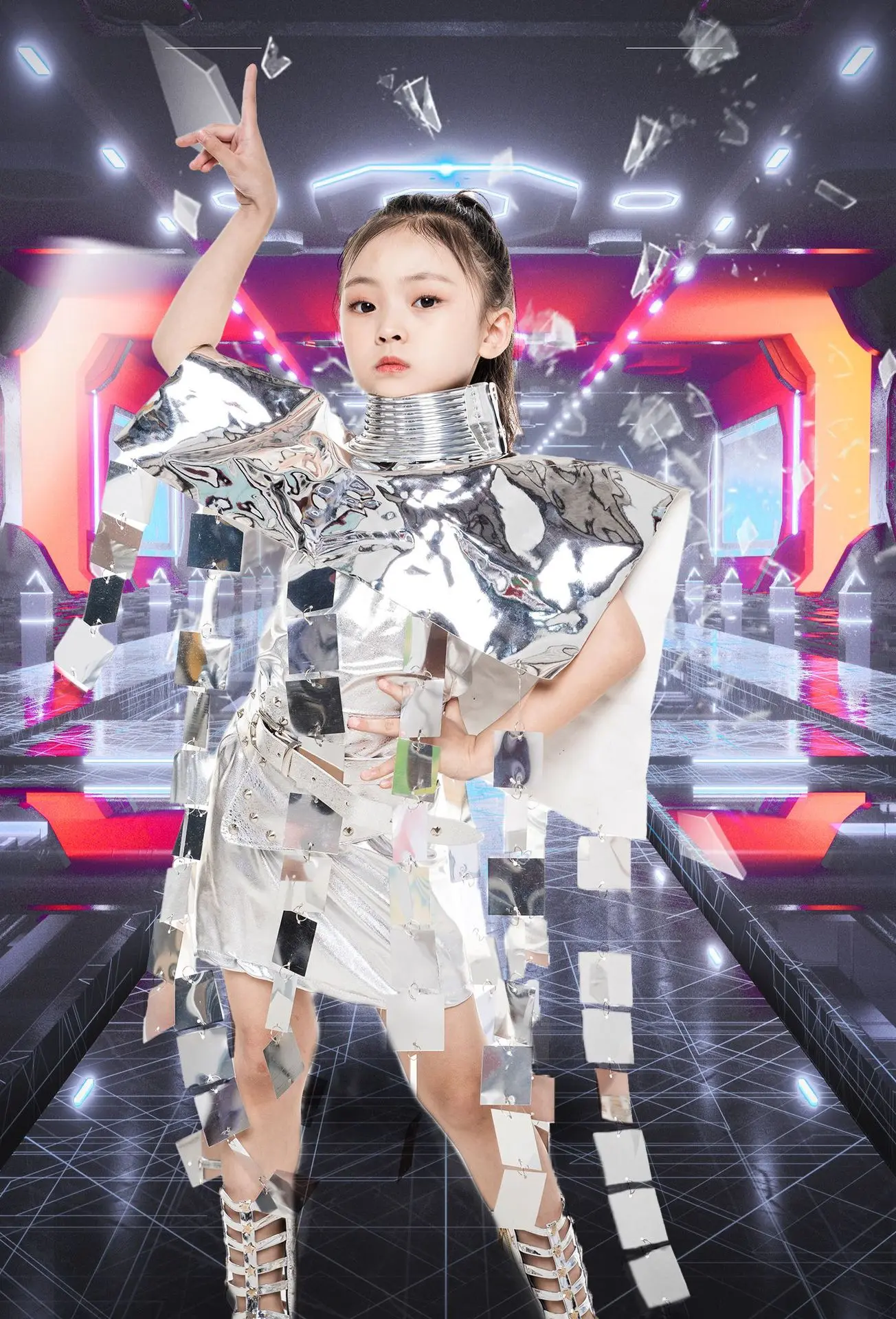 

Girls Silver Future Technology Trendy Clothing Children's Catwalk Catwalk Function Wind Rock Wind Element Universe Theme