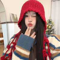 Handmade fashion ball tassel thickened warm bun hat women's winter ear strap hat knitted wool hat tide