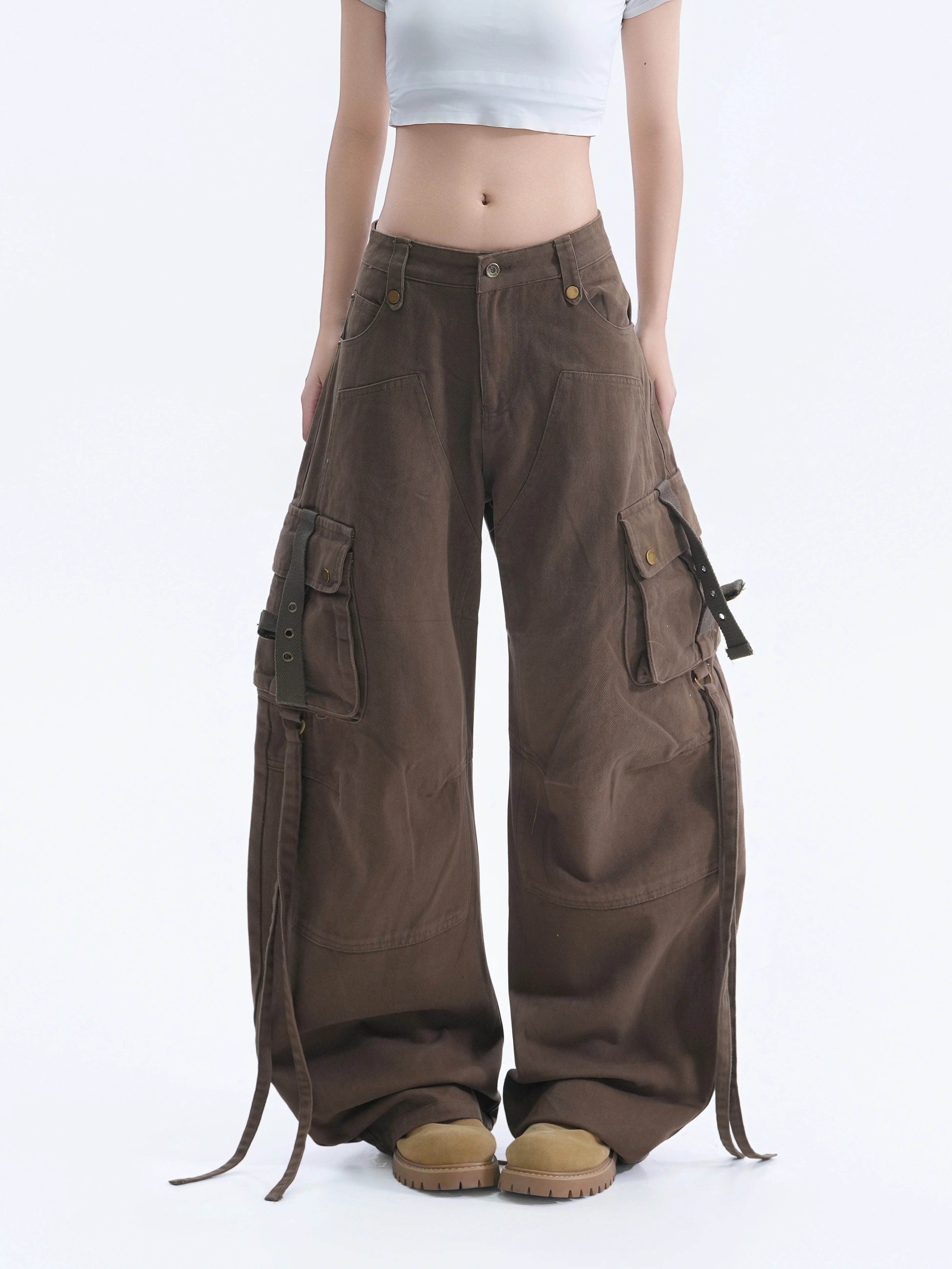 American Style Work Pants Women's Loose Wide Leg Trousers with Big Pockets Draping Feelings Street Style Couple's Pants