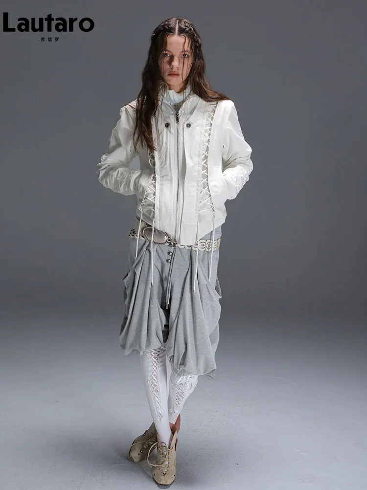 Lautaro Spring Autumn Coat Women with Detachable Faux Fur Trim Hood Luxury High Quality Designer Punk Style Lace Up Clothes 2026