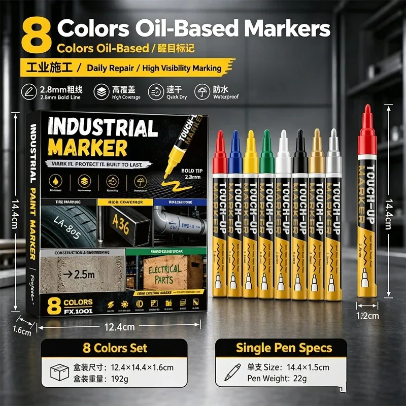 8/12 Colors Industrial Paint Marker Pen 2.8mm Bold Tip Oil‑Based Permanent Paint Markers for Metal Glass Tire Plastic Wood Tool