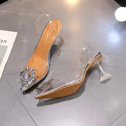 Saltos altos de PVC transparente para mulheres, sapatos sexy, bombas deslizantes, sandálias de luxo, marca de moda, festa de casamento, senhora