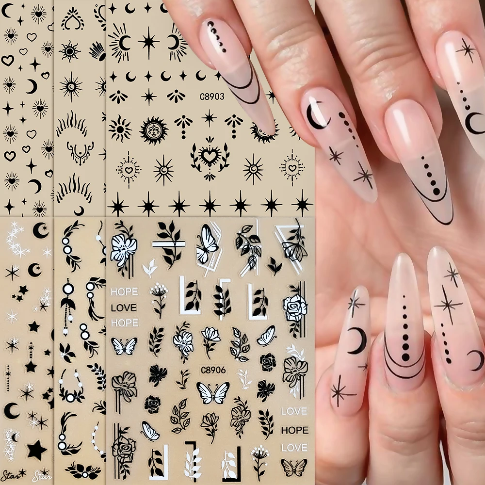 6pcs Golden Bronzing Nail Art Stickers Decals Sun Moon Star Pattern Gothic Nails Sliders For DIY Witchy Acrylic Nails Decoration