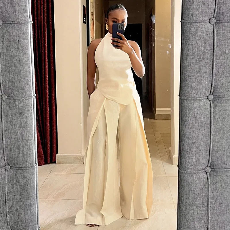 

2025 Summer New Fashionable Casual Women's Set Sleeveless Slimming Solid Color Top Wide Leg Pants Set