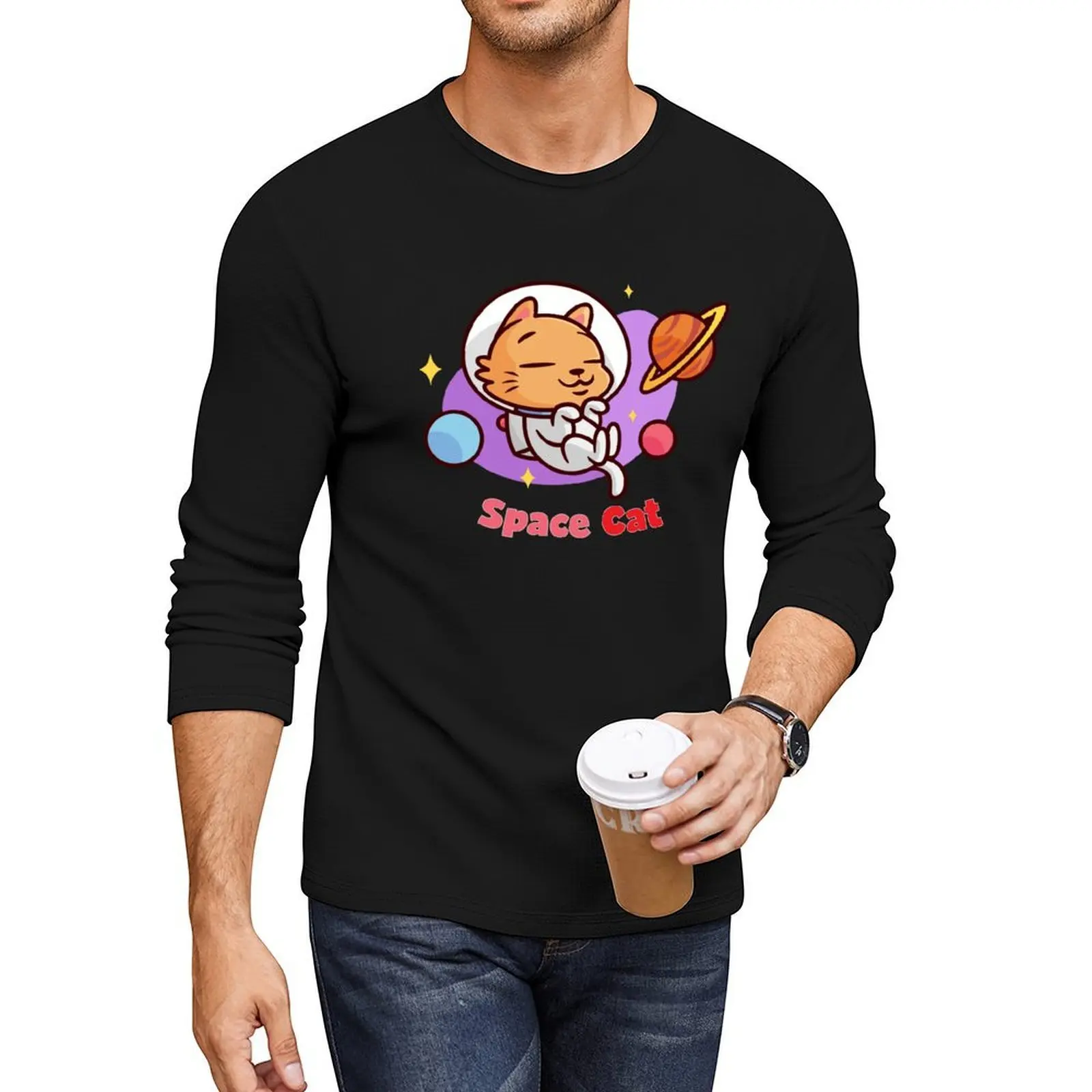 

Cute cat sleeping in Space Long T-Shirt plus size t shirts vintage clothes oversized t shirts tees mens graphic t-shirts anime
