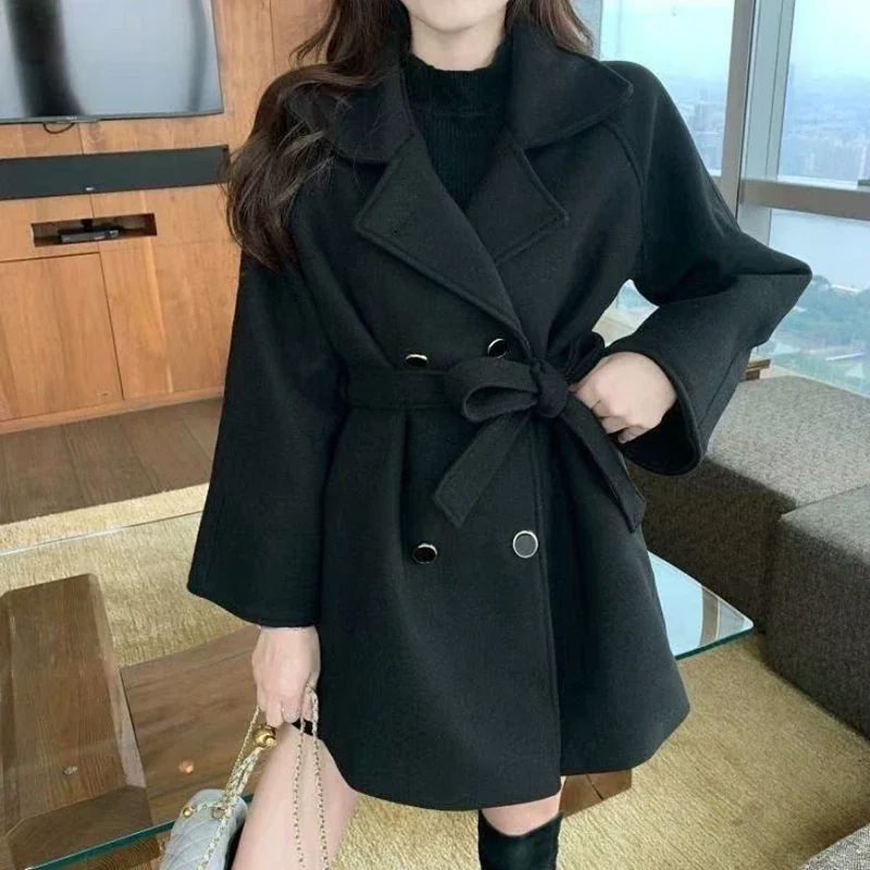 New Winter Black Woolen Coat for Women Female Office Lady, Mid-length Fitted Waist-cinching Thick Double-breasted Quality Jacket