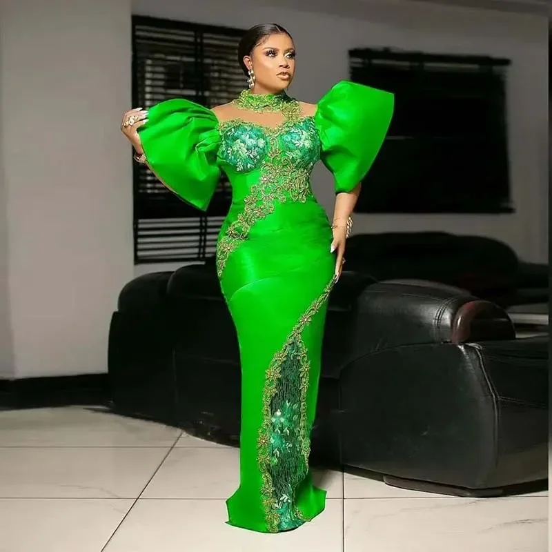 Aso Ebi Green Mermaid Prom Dresses Sequins Lace Puffy Sleeves African Evening Gowns Women Formal Occasion Party Gowns