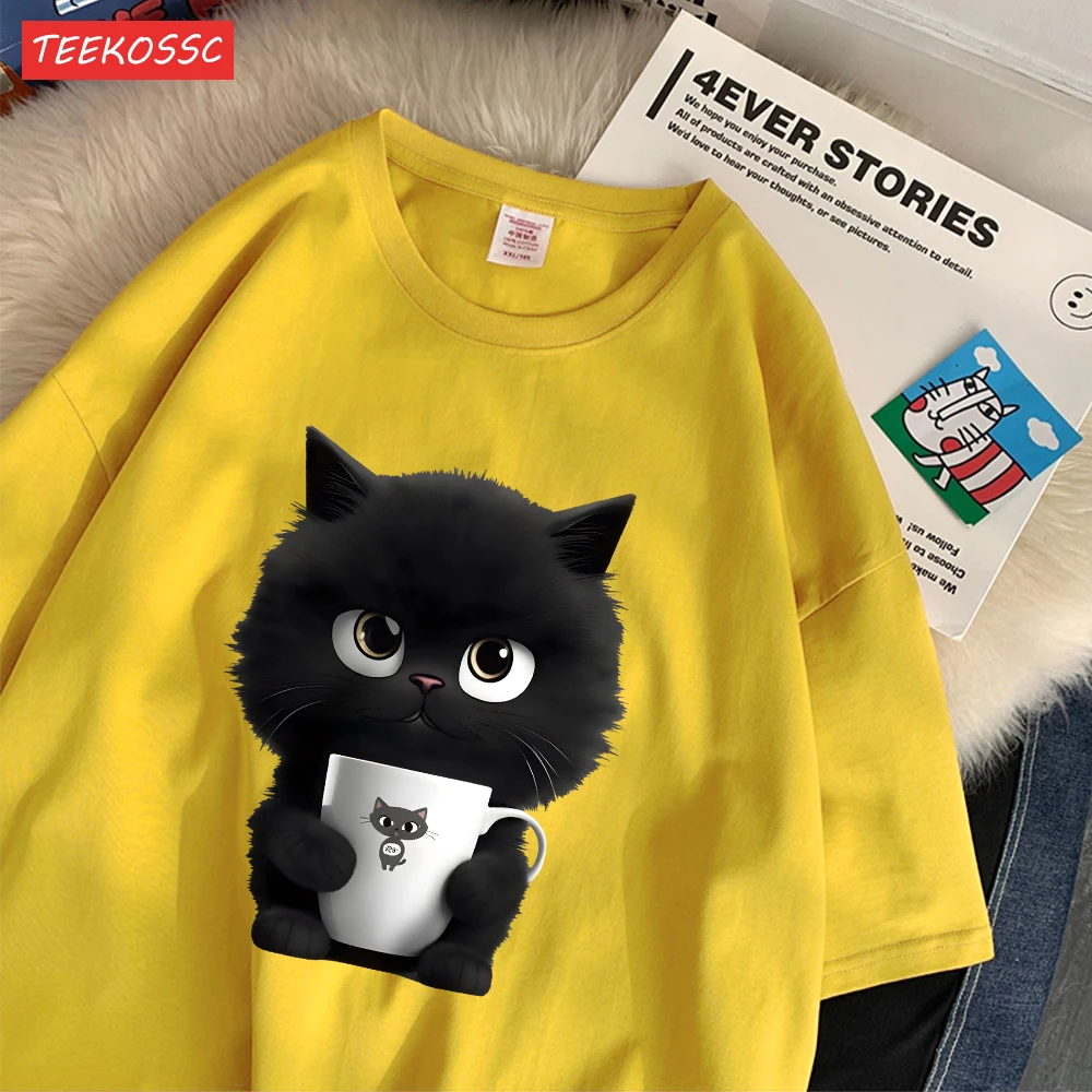 Summer Cotton Women\'S T-Shirts A Kitten Holding Cup Printing Streetwear Breathable O-Neck Loose Casual Street Female Clothes