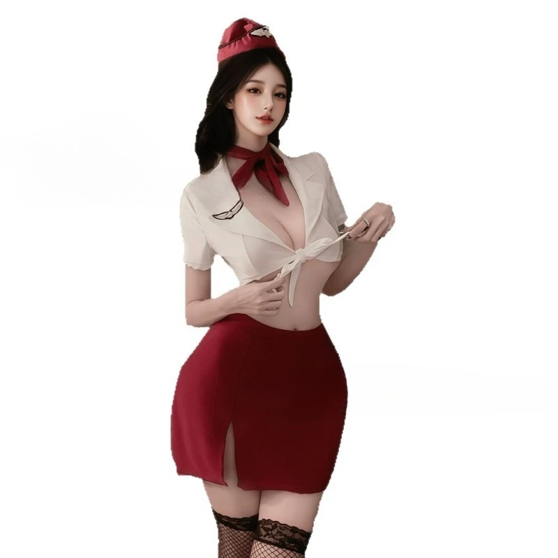 

Ladies' Erotic Lingerie Pure Desire Flight Attendant Uniform Sexy Deep V No Take Off Set Role-playing Midnight Bed Temptation