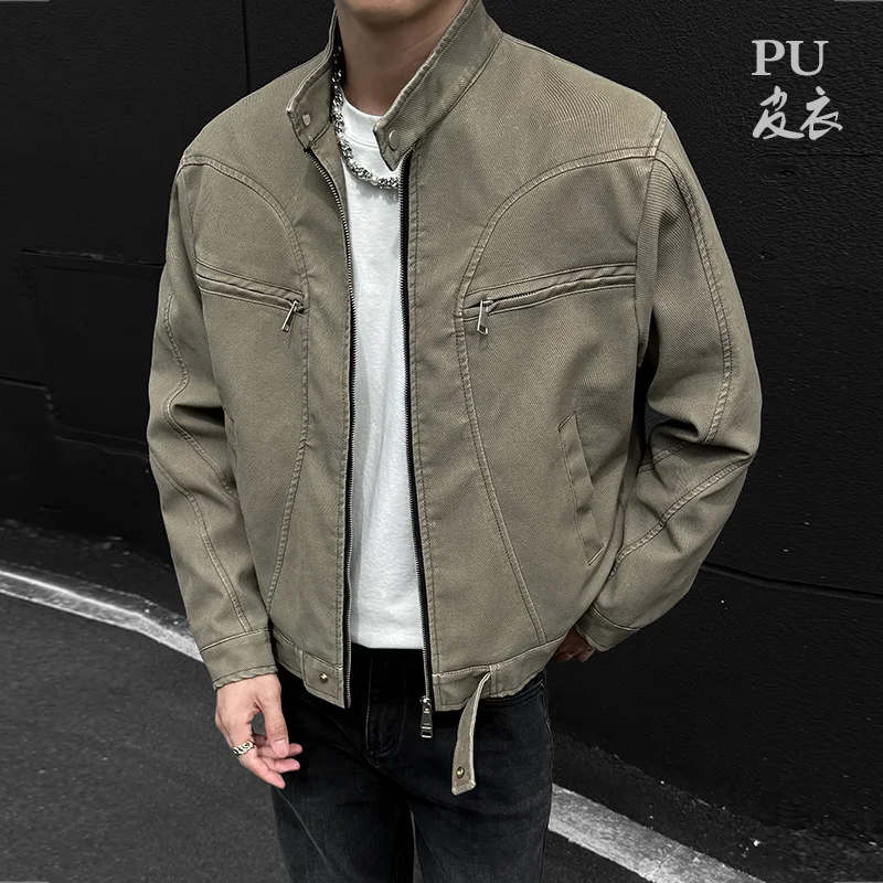 

Mens Stand Collar Windproof PU Leather Jacket New Autumn Winter Splicing Faux Leather Coat Fashion Slim Fit Motorcycle Jacket