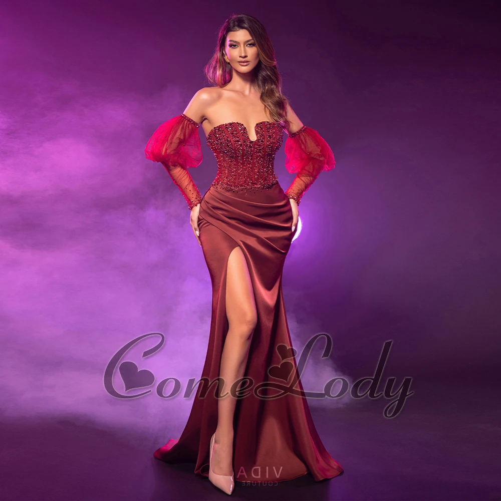 

Comelody Charming Strapless Evening Dresses with Slit Trumpet Lacing up Beads Vestidos De Noche Customised Plus Size