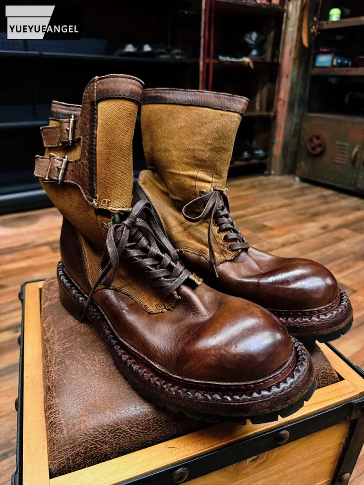 Outdoors Fashion Mens Horsehide Genuine Leather Patchwork Canvas Boots Lace Up Retro High Top Shoes Work Comfortable Handmade