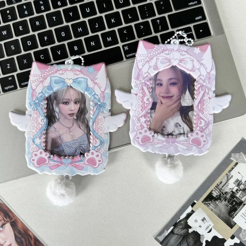 Kawaii Cat with Plush Tail Card Holder Cute Wings Picture Frames 3 Inch Kpop Photocard Sleeves for Girls Bag Pendant Wholesales