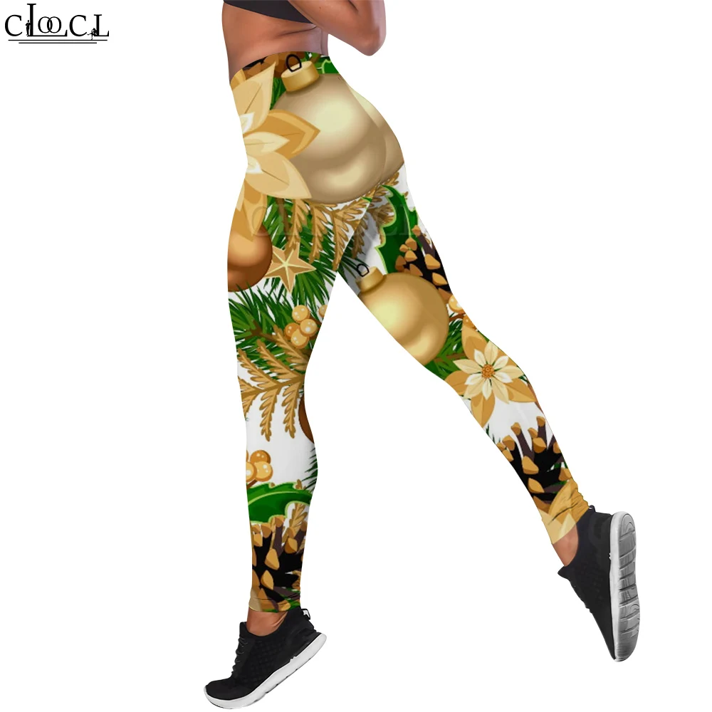 

CLOOCL Christmas Leggings for Women Tight Slim Yoga Pants Holly Leaf Colored Light Pattern Print High Waist Fitness Legging