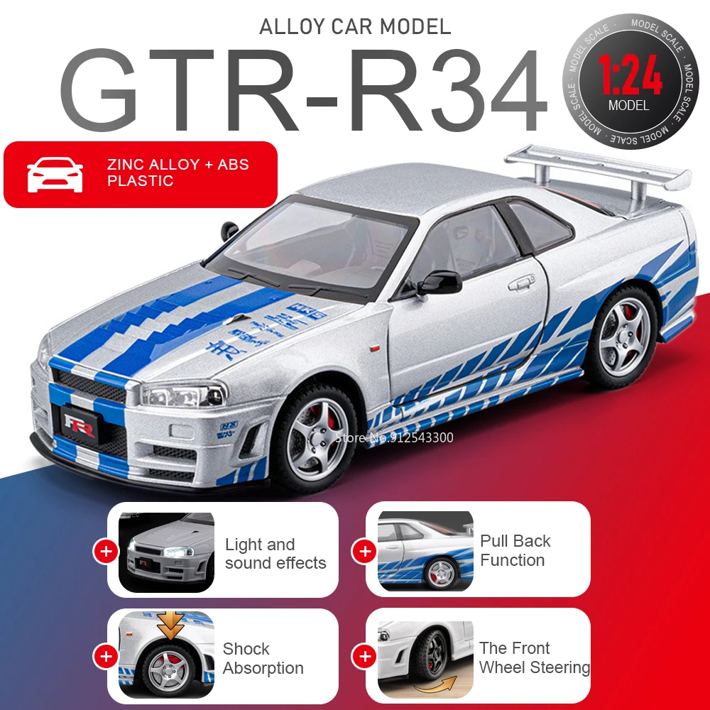 

1:24 Scale GTR-R34 Sports Car Model Toy Metal Diecast Sound Light Models Pull Back Shock Absorption Cars Bedroom Decoration