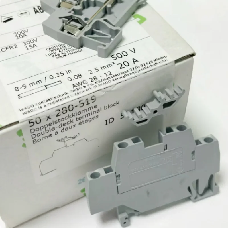 WAGO 280‑519 Double‑Deck DIN Rail Terminal Block 4‑Position 2.5mm² 20A Cage Clamp Spring Connector Gray
