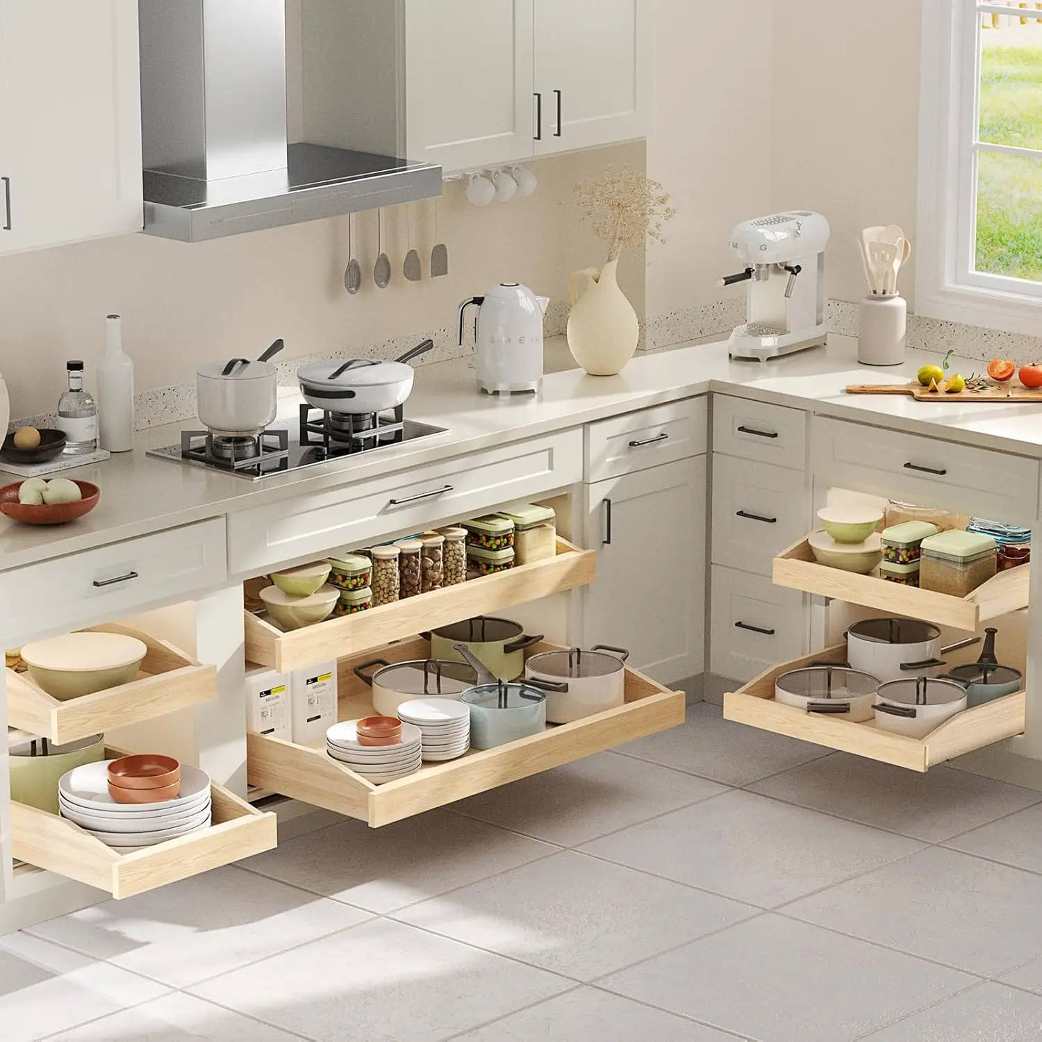 منظم خزانة قابل للسحب 28.5 وات × 21D - أرفف تخزين ذات درج منزلق ناعم ومغلق للمطبخ، وخزانة خشبية، ونعل موفر للمساحة #2