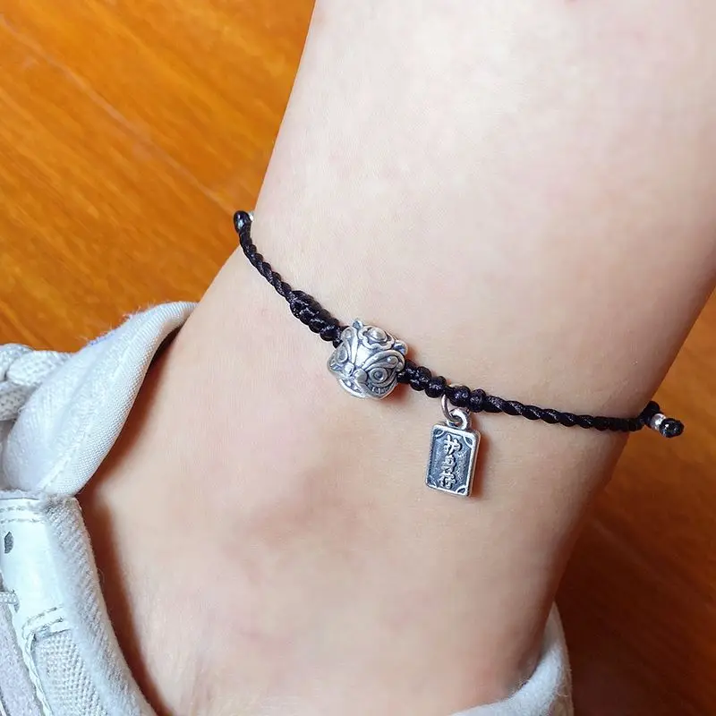 Lion Dance 999 Solid Silver Anklet Red Black Braided Cord Matching Zodiac Year Protection Adjustable Unisex Couple Gift Amulet
