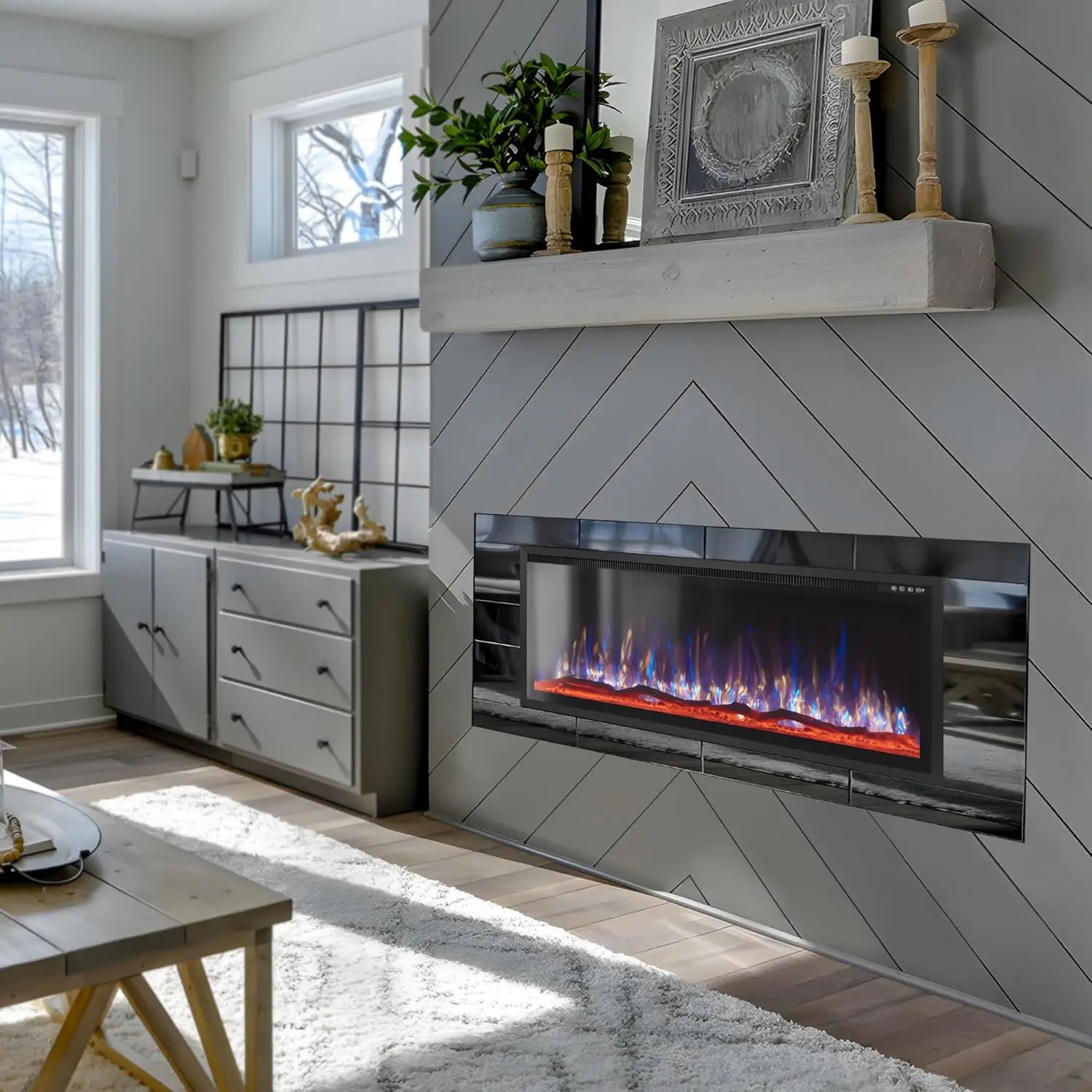 Slimline Wall-Mounted Electric Fireplace Heater, Recessed Design with Remote Control