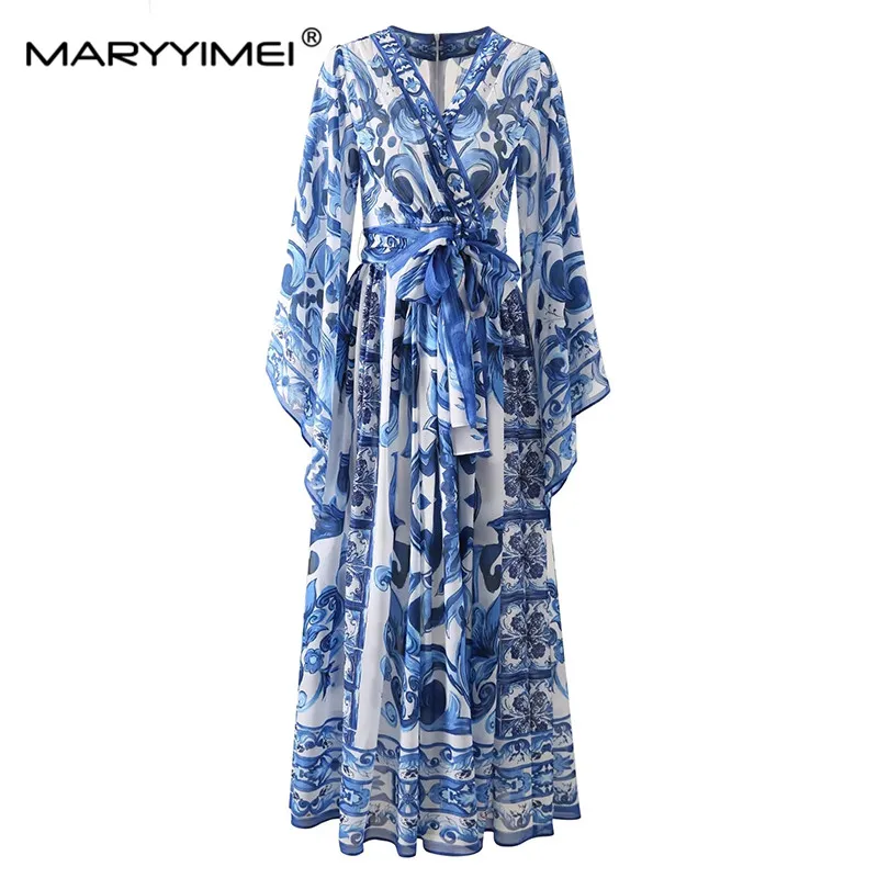 MARYYIMEI Flying Sleeve V-Neck Vintage Print Fashion Women's dress Spring Autumn Lace-Up Large Pendulum Holiday Long Dresses