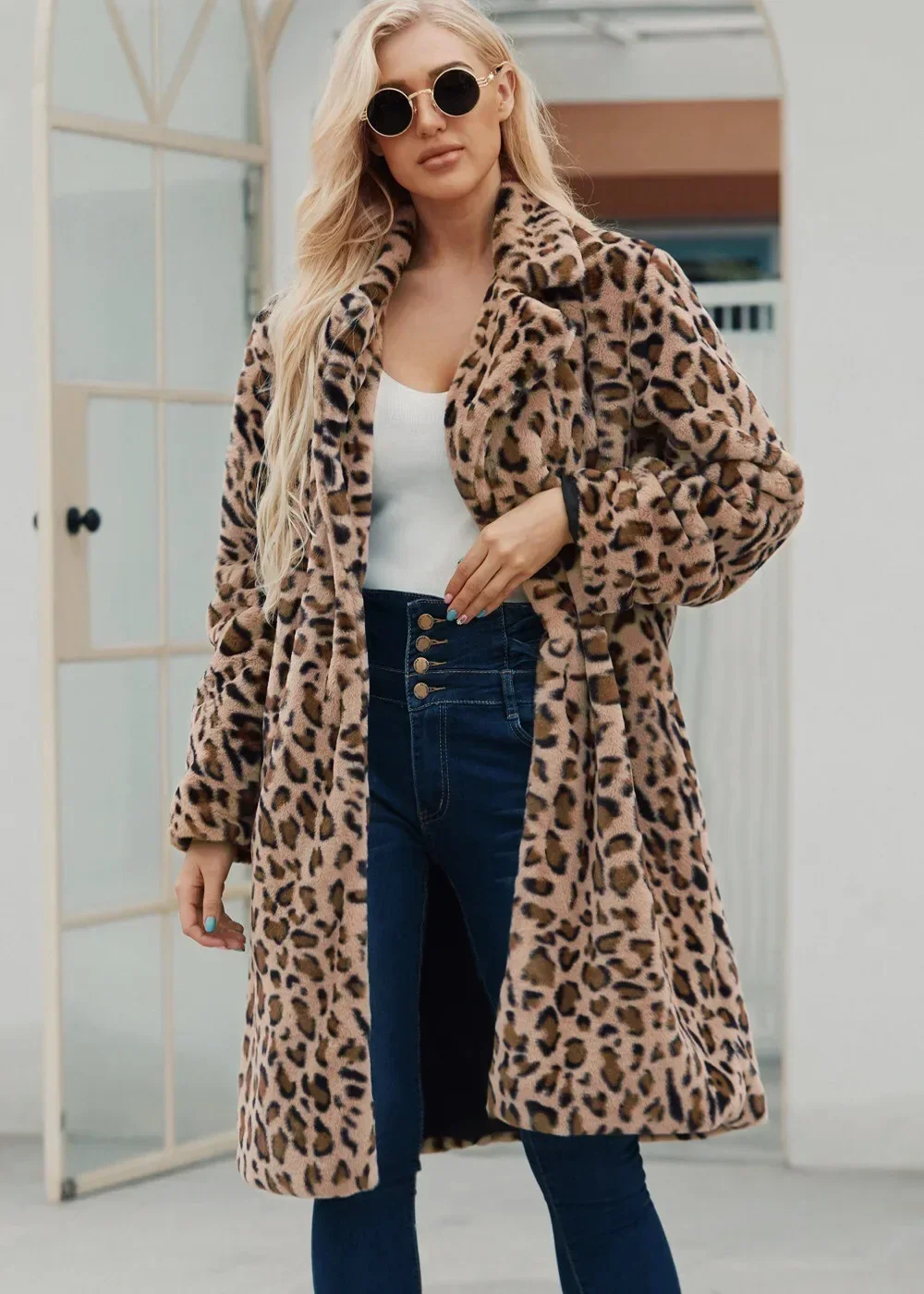 Women Faux Fur Coat Leopard Warm Loose Autumn Winter Thick Long Coats Turn Down Collar Sleeve High Waist Maxi Elegant Jacket