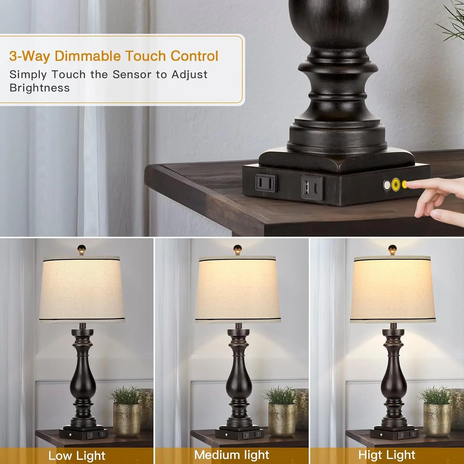 29' Tall Table Lamp Set of 2, Farmhouse Vintage Bedside Lamps with USB-C + A Ports & AC Outlet, 3-Way Dimmable Touch Control