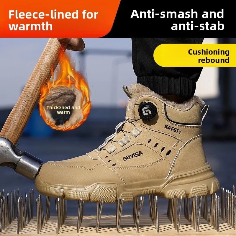 Fleece-lined Work Men's Safety Shoes Winter Steel Toe Rotation Button Thickened Warm Woman Anti-smashing Security Boots Protect
