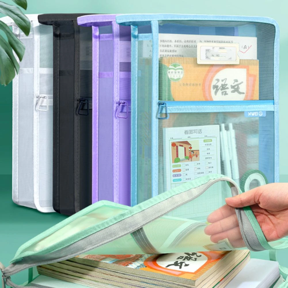 L Shaped Test Paper Storage Bag Wide Opening Thickened Mesh File Folder Bag Three-layer Partition Large Capacity