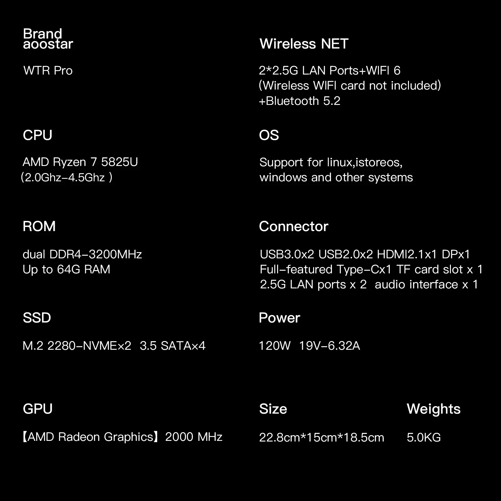 AOOSTAR WTR PRO AMD Ryzen 7 5825U Mini PC/NAS 8C/16T Dual 2.5G LAN 4 HDD Bays 4K تخزين كبير شاشة ثلاثية تبريد صامت
