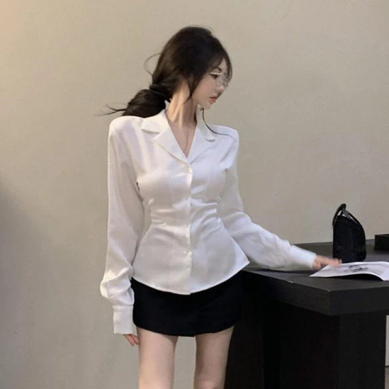 Long Sleeve Shirts Women French Style Elegant Temperament Slim Sexy Office Lady All-match Tops Buttons Solid Simple Streetwear