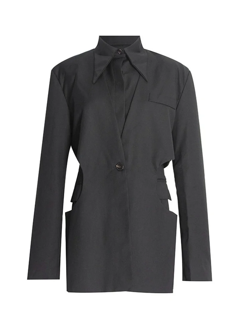 Trajes negros para mujer, chaqueta Formal de oficina, ropa de trabajo de negocios, abrigo con Cuello de camisa, traje de otoño, 1 pieza