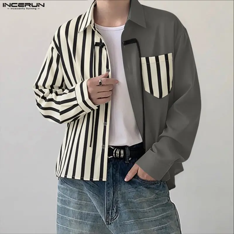 INCERUN เสื้อเชิ้ตผู้ชายลายทางต่อผ้าปกเสื้อแขนยาวติดกระดุมเสื้อผู้ชายสตรีทแวร์ทรงหลวมแฟชั่นสไตล์เกาหลีเสื้อผ้าลำลองผู้ชาย