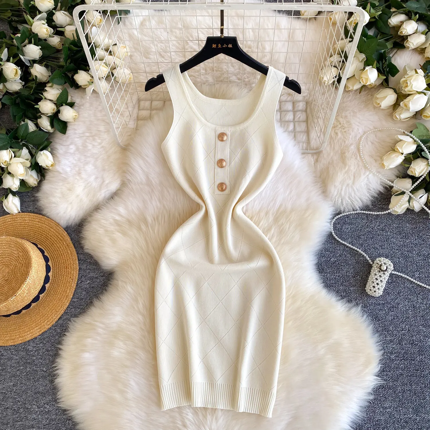 

Women Dresses Knitted Bodycon Dress Solid Button Round Neck Sleeveless Empire Cinched Waist Slim Fit Casual Elegant 2026 Summer