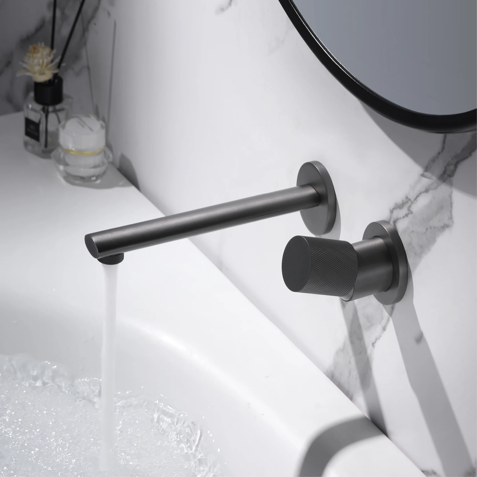 Luxury Brushed Gold Brass Wall Mounted Adjustable Water Volume Bathroom Faucet Embedded Design for Hot and Cold Water Basin Tap