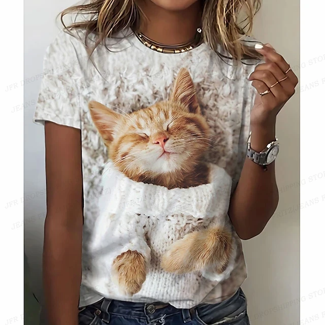 T-Shirt à Manches Courtes pour Femme et Enfant, avec Imprimé Animal, Chien en 3D, à la Mode, Kawaii, Chat