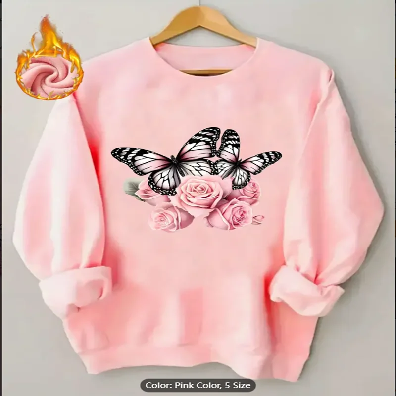 เสื้อสเวตเตอร์สีแอพริคอตผู้หญิงผีเสื้อโรสกราฟิกพิมพ์ลำลองเสื้อโอเวอร์ไซส์สำหรับคนรักสไตล์ดอกไม้ผ้าฝ้ายแท้