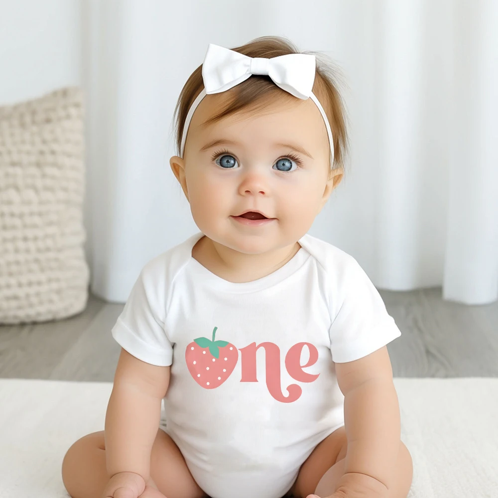 ONE&Strawberry Pattern Print Girls Baby Romper First Birthday Casual Short Sleeve Infant Romper Birthday Newborn Girl Clothes