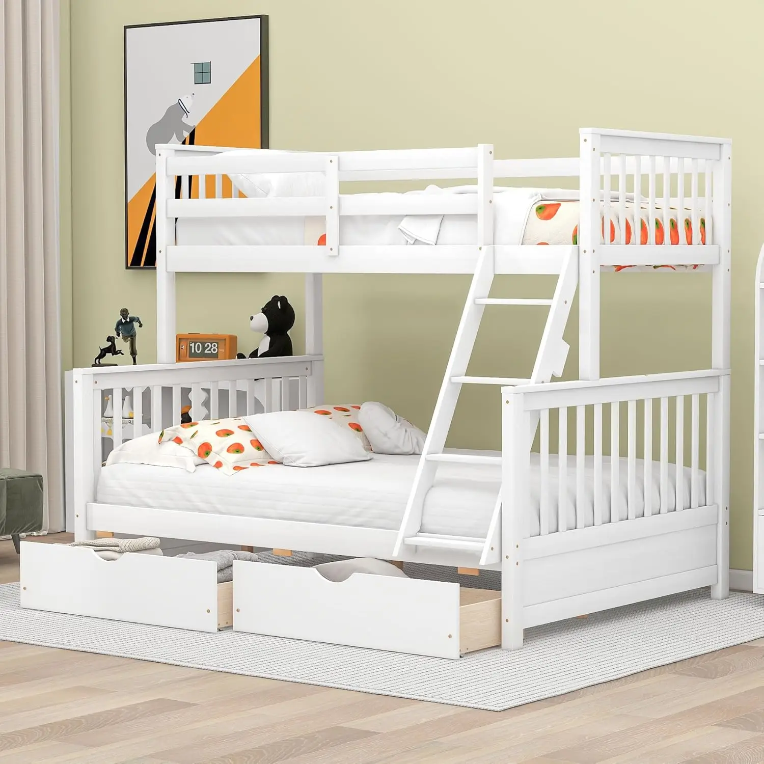 Wood Bunk Bed with Drawers,Convertible Wood Bunk Bed with Ladders,Solid Wood Detachable Bunk Bed Frame with Ladders,White