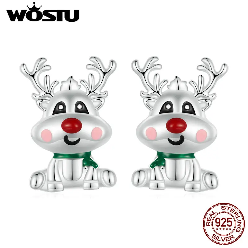 

WOSTU 925 Sterling Silver Lucky Christmas Reindeer Stud Earrings Lovely Animal Earring For Women Jewelry party Birthday Gift