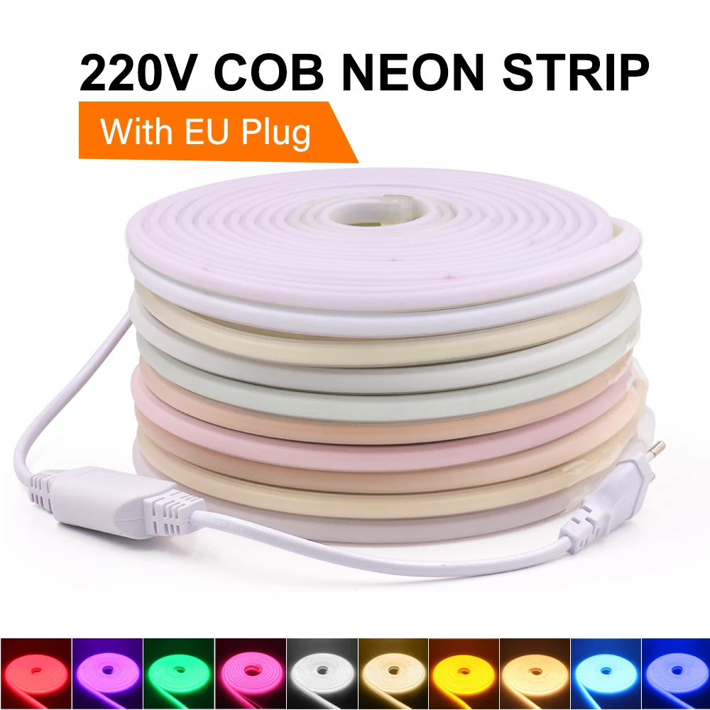 Tira de luces LED de neón COB, 220V, enchufe europeo, RA90 de alto brillo para habitación, cinta flexible impermeable para exteriores, blanco, rojo,