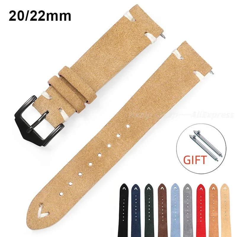 Vintage Suede Leather Watch Band 20mm 22mm Blue Brown Straps for Omega for Seiko Bracelet Stainless Steel Buckle Accessories