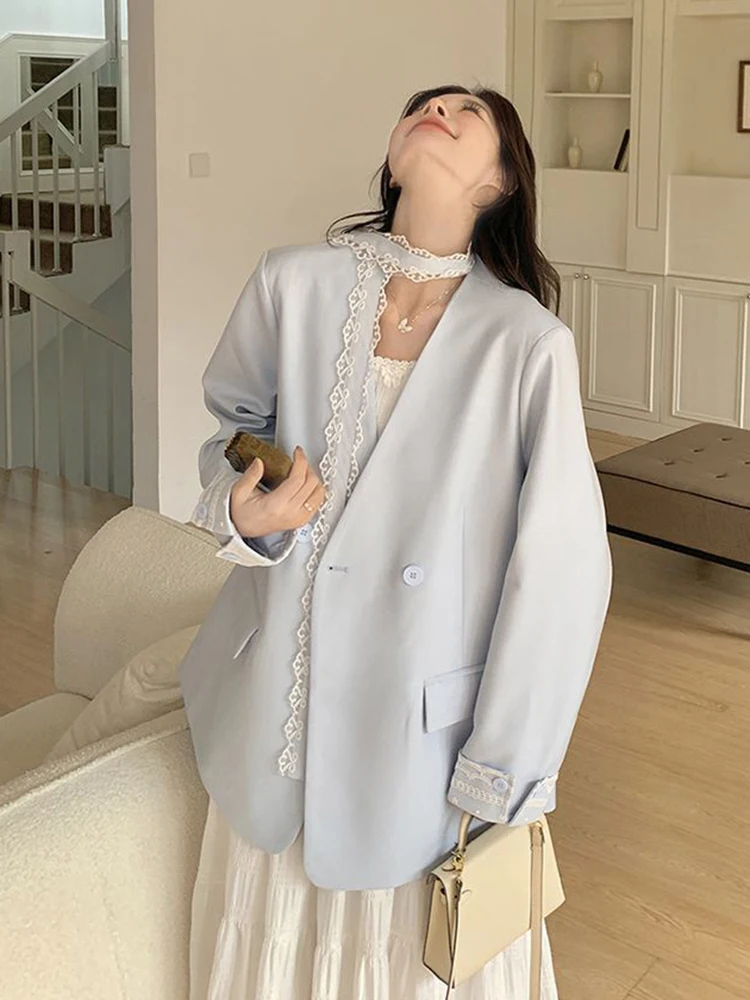 Sweet Lace Fashion Blazer Women Elegant Preppy Style Loose Chic Blue Suit Coat Fall Winter Casual Lace Up Patchwork Tops Outwear