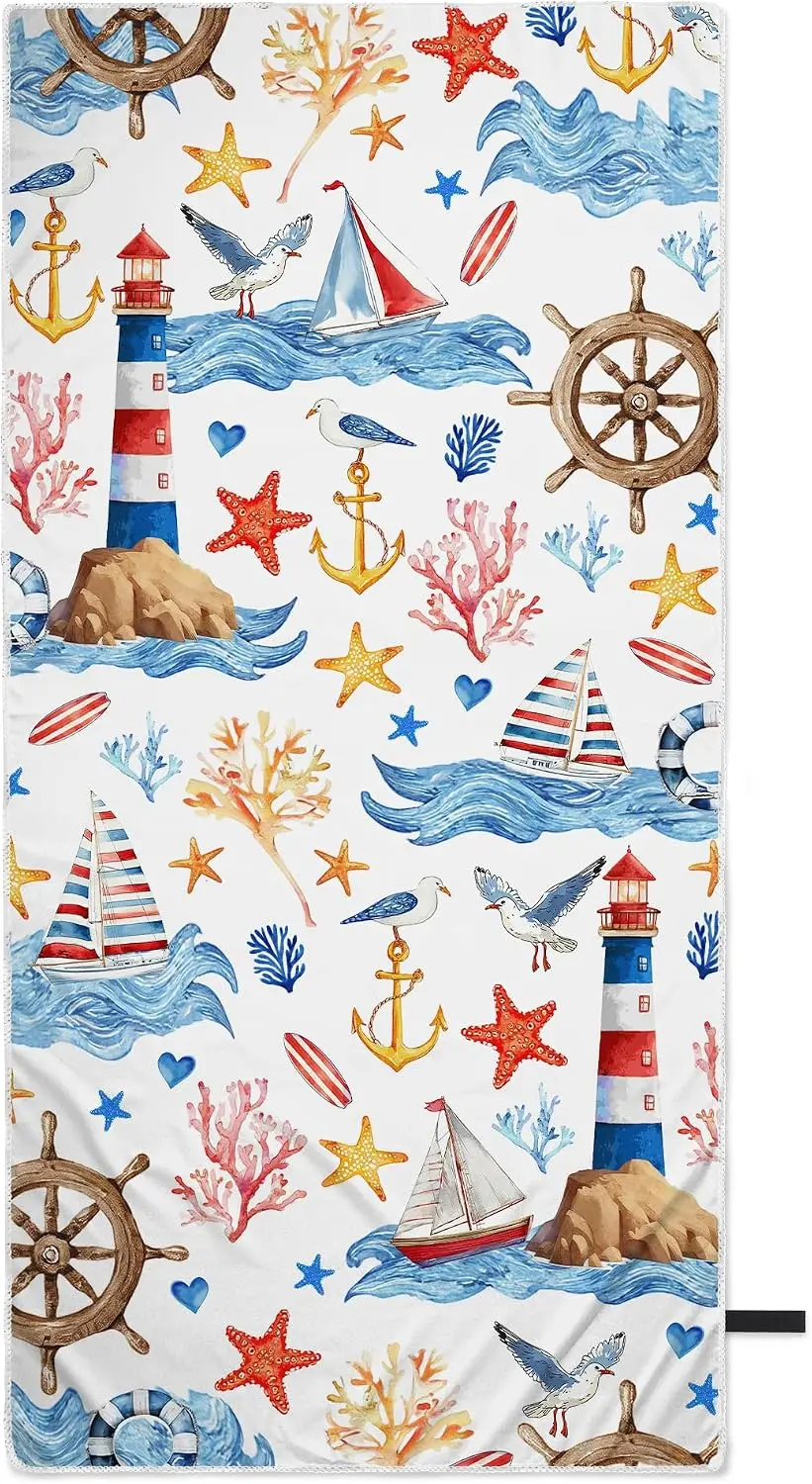 Luxury Nautical Beach Towel Summer Bath Wrap Coastal Seaside Lighthouse Anchor Motif Print Ocean Theme Bathroom Decor Gift Tropi