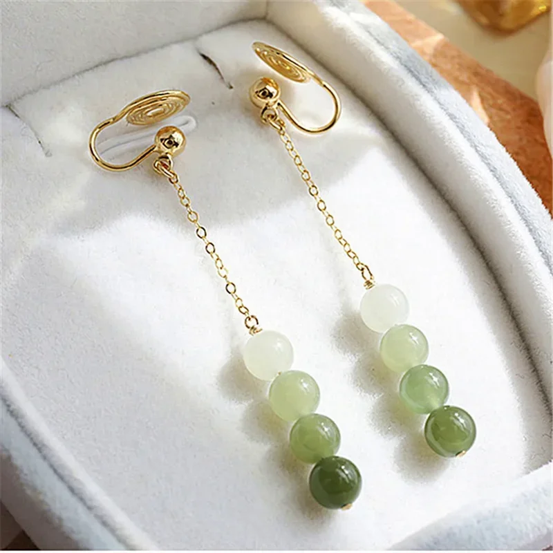 New Hetian Jade Bead Drop Long Earrings for Women Green Gradient Beads Dangle Earrings Can Be worn Without Pierced Ears Jewelry