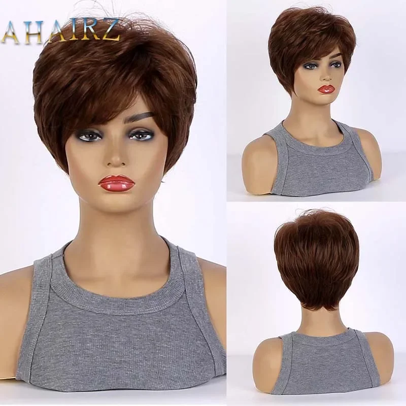 

Short Brown Pixie Cut Bob Synthetic Wigs with Bangs Wig for Black White Women Mommy Daily Party Use Heat Resistant