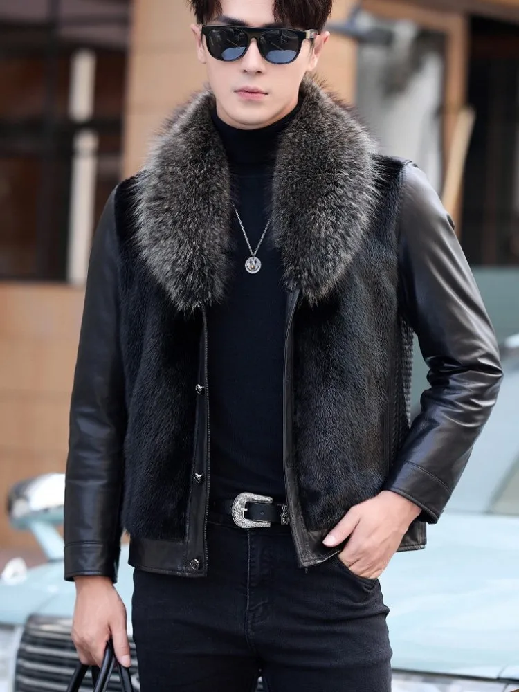 Winter Warm Mens Genuine Leather Jacket Raccoon Fur Collar Luxury Slim Fit Streetwear Short Coat High Quality Sheepskin Jackets