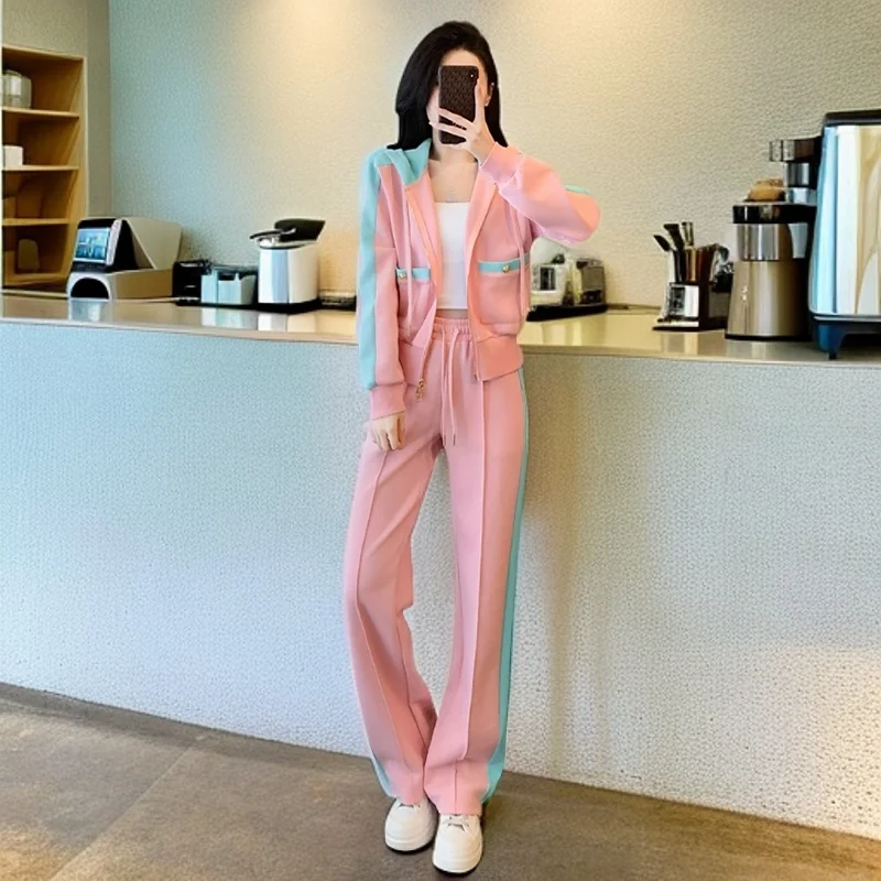 

Women's Casual Sporty Pink Sweatshirt Coats Wide Leg Pants Two Piece Set Lady Fashion Patchwork Hooded Jacket Trousers Outfits