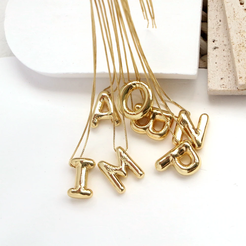 Gold Plated Copper Chunky Alphabet Balloon Bubble Initial Letter Pendant Necklace for Women Men Boy Fashion Jewelry